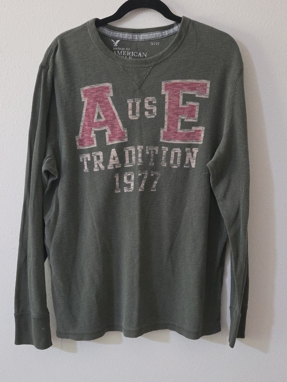 American Eagle Outfitters Olive Green Crewneck with Red Lettering